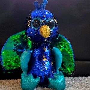 Plush sequin toy Peacock flippable blue green gold length 12 in